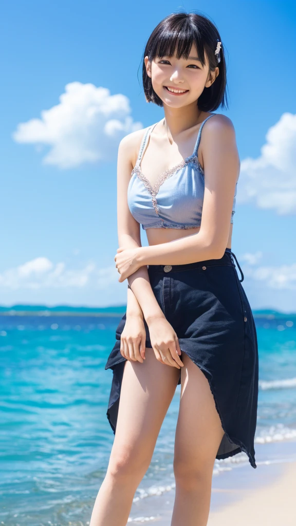 Solo, Japanese girl, ,Best Quality, masutepiece, 8K, High resolution, Ultra-detailed, (portrait), black hair, short hair, hair clip, shiny skin, smile, summer, blue sky, ocean,(thighs_shot)