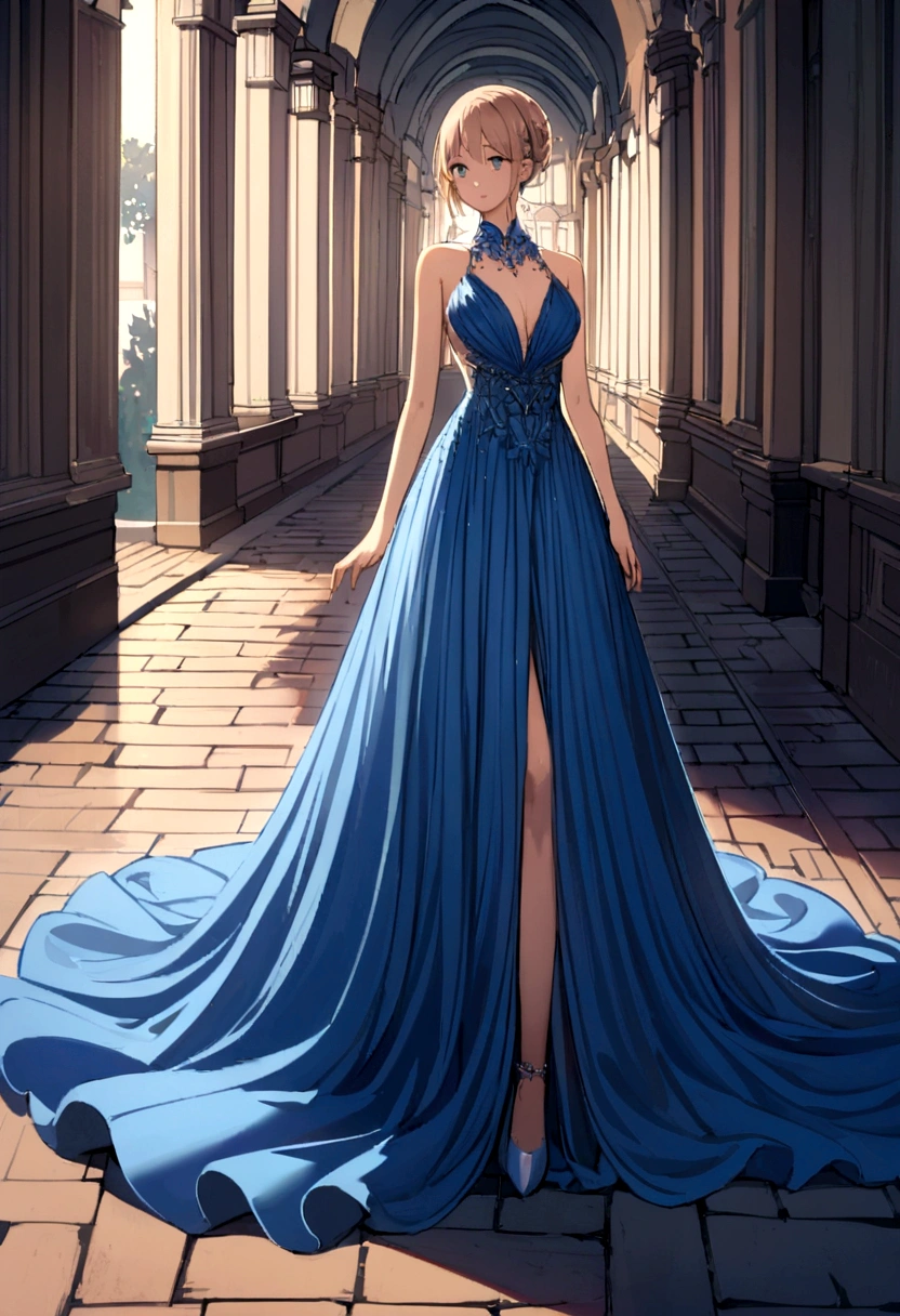 a woman in a blue dress standing on a brick walkway, elegant evening dresses!, Stunning elegant, dressed beautiful dress, flowy dress, fantasy long intricate dress, wearing an evening dress, fancy dress, soft and elegant dress, wearing an elegant dress, elegant dress, intricate dress, beautiful dress, long dress, * * *, romantic dress, intricate dress largo y fluido