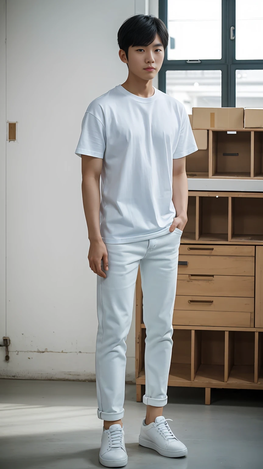 Full body shot, a young Korean man in a white T-shirt, blue jeans, white sneakers, standing in a workshop, face straight to viewer, standing straight, serene expression, detailed face, detailed clothing, detailed background, natural lighting, warm colors, beautiful scenery, intricate details, highly detailed, photorealistic, 8k, ((masterpiece)), cinematic style, portrait