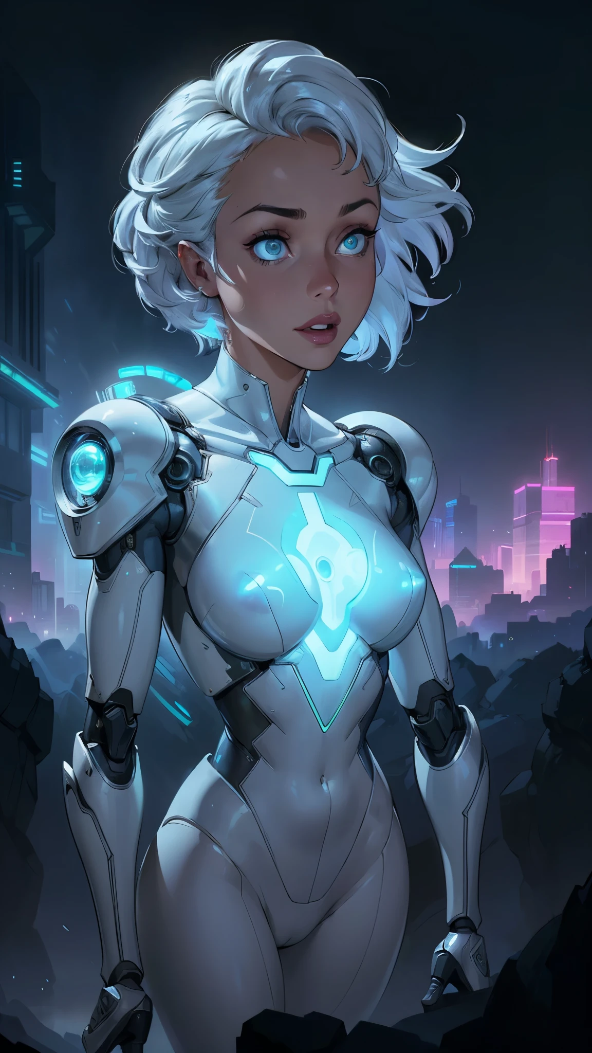 Future mechanical girl,Sparkling metal,(Sparkling robot action:1.4) ,Ethereal,Futuristic technology,(Advanced artificial intelligence:1.4) ,(Neon flashing cityscape:1.4), (textura de la piel oscura afro :1.4) ,(cyborg white plastic transparent :1.4),(cabello white canoso :1.4) ,(Fondo de ruinas de mazmorra en ruinas cyberpunk :1.4 ), (Metal exoskeleton:1.4) ,Highly detailed facial features,(glowing light eyes:1.4 ) ,Carefully crafted synthetic skin,Luxurious futuristic fashion,Hover above the ground,Explore the cityscape,Futuristic technology,Exquisite craftsmanship,(Metal limbs:1.4) ,Complex design,Seamless integration of man and machine,Surreal,Otherworldly atmosphere,Utopian cityscape in the background,Advanced weapons integrated into her body,Exudes a soft, energetic glow,Expressive and captivating gaze,Superhuman strength and agility,Pose with confidence and strength,High-resolution portraits with vibrant colors and intricate details,Breathtaking,Awesome artwork. (Best quality,4K,8K,A high resolution,Masterpiece:1.2),Ultra-detailed,(Realistic,Photorealistic,photo-realistic:1.37),hdr,hyper HD,Studio lighting,Ultra-fine painting,Sharp focus,Physically-based rendering,Extreme detail description,professional,Vivid colors,Bokeh,sportrait,Concept artist,( face detailed :1.4),( iluminación cinematográfica :1.4), (anatomía perfecta :1.4), (nsfw:1.4 ),(nsfw V2.1)