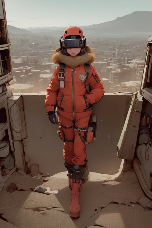 full body image, (ultra detailed,ultra high res,detailed background),((2D)),((flat color)),((muted color)), 1solo, looking at viewer, baggy red flight suit, large shearling collared bomber jacket, (big yellow galoshes), plush collar, full body image, wearing vr goggles, ((baron desert intricut background)), ((apocalyptic city)), entire body in frame, ((drone next to her))