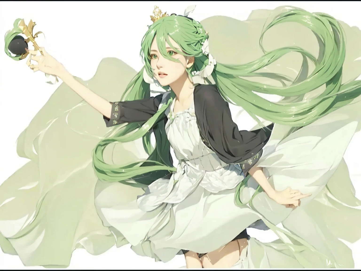 ((Masterpiece)), (best quality), (very detailed), ((very detailed)), 4k, (8k),1 girl,Hatsune Miku, girl with long green hair holding a small black crown, green flowing hair, vocaloid, realistic style, pixiv, in dress, photorealistic, realistic image, shirabii, anime girl with long hair, , arte koto no ha no niwa, miku, cushart, hatsune miku