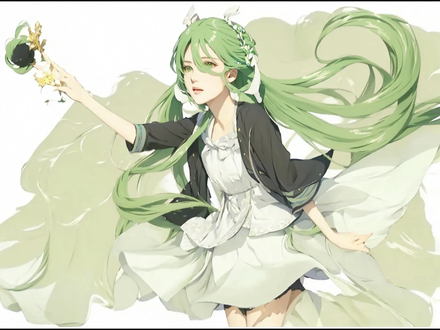 ((Masterpiece)), (best quality), (very detailed), ((very detailed)), 4k, (8k),1 girl,Hatsune Miku, girl with long green hair holding a small black crown, green flowing hair, vocaloid, realistic style, pixiv, in dress, photorealistic, realistic image, shirabii, anime girl with long hair, , arte koto no ha no niwa, miku, cushart, hatsune miku