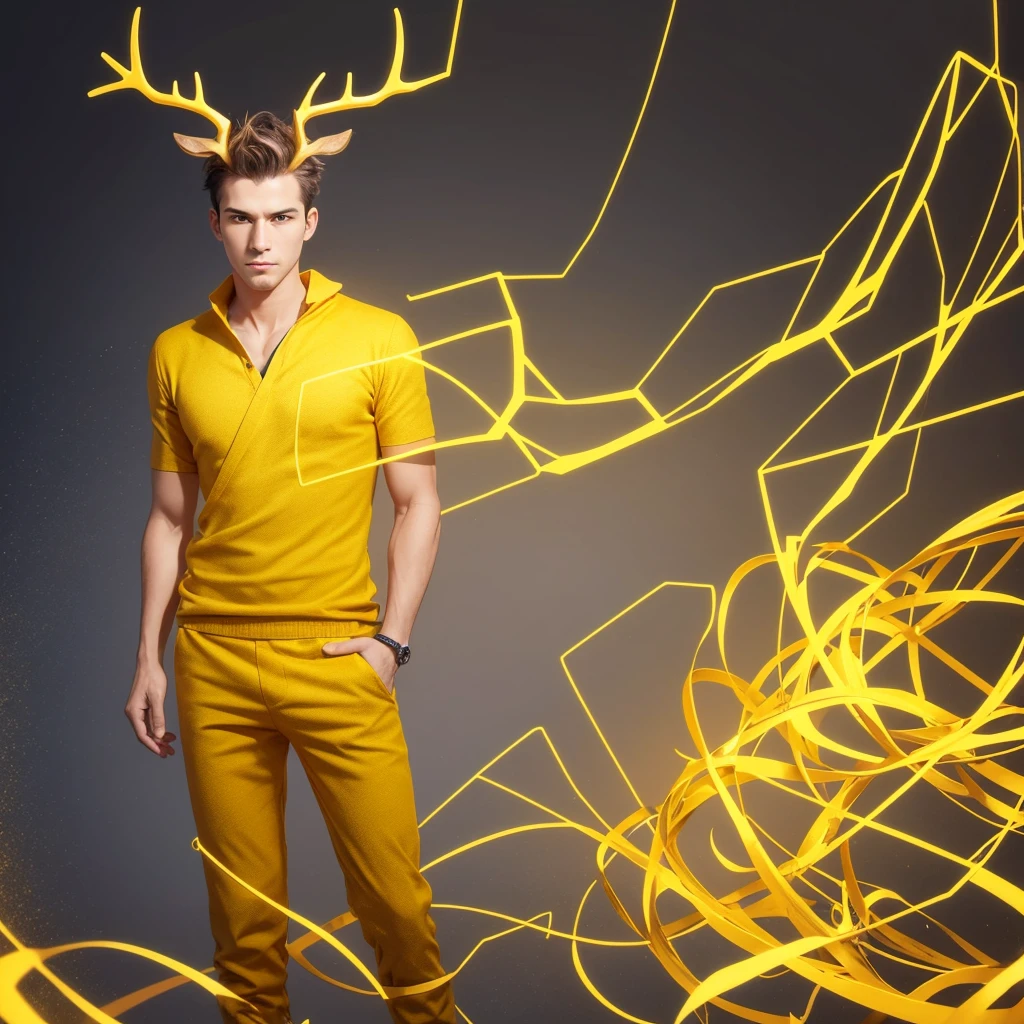 Generate an image of a male entrepreneur standing upright with a serious expression, facing directly forward in a passport-style shot. He is wearing yellow clothing and has antlers growing from his head. Ensure the background is simple to emphasize his presence.