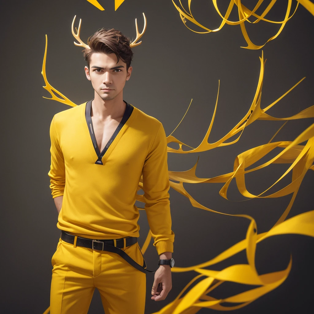 Generate an image of a male entrepreneur standing upright with a serious expression, facing directly forward in a passport-style shot. He is wearing yellow clothing and has antlers growing from his head. Ensure the background is simple to emphasize his presence.