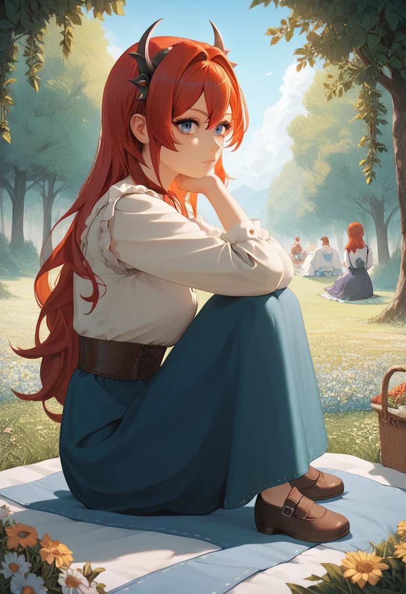 best quality, masterpiece, anime girl , young girl, 24 years old, thick legs , 1 girl, bangs,long hair, cute face, perfect shot, perfect anatomy, surtr, medieval, garden background, mountais, forest, full body,  4k, high resolution , detailed face, detailed eyes, blue eyes, sitting, picnic, panorama pov, side view, watching the scenery, view from behind