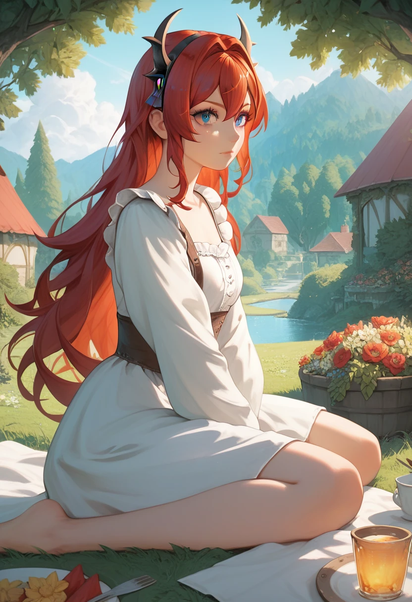 best quality, masterpiece, anime girl , young girl, 24 years old, thick legs , 1 girl, bangs,long hair, cute face, perfect shot, perfect anatomy, surtr, medieval, garden background, mountais, forest, full body, 4k, high resolution , detailed face, detailed eyes, blue eyes, sitting, picnic, panorama pov, side view, watching the scenery, view from behind