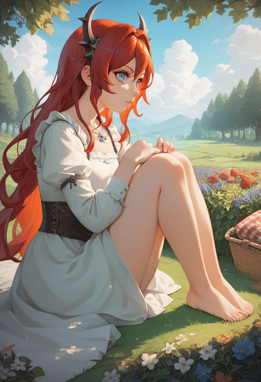 best quality, masterpiece, anime girl , young girl, 24 years old, thick legs , 1 girl, bangs,long hair, cute face, perfect shot, perfect anatomy, surtr, medieval, garden background, mountais, forest, full body, 4k, high resolution , detailed face, detailed eyes, blue eyes, sitting, picnic, panorama pov, side view, watching the scenery, view from behind