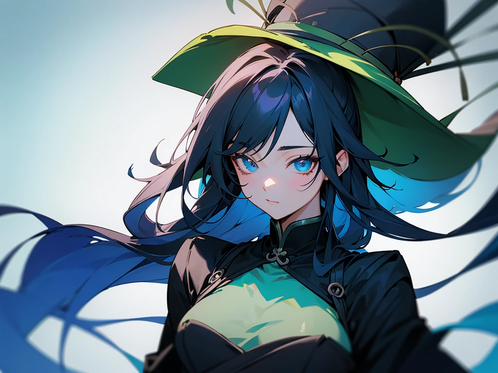 The hair on the top of the head is dark blue.、The tip of the hair is a dark green gradient。girl、17 years old、Anime Style、Bust 86cm、Height: 172cm、Weight 51kg、clear、Wizard、Full body painting