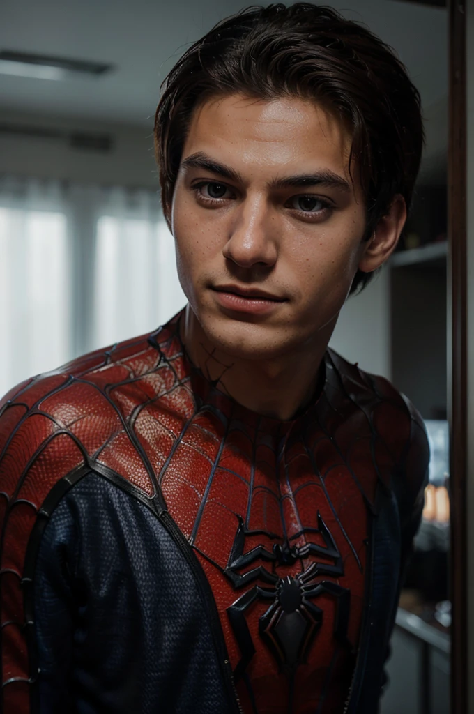 A photograph of spider man, no mask, 20 yo, handsome, detailed face, looking at camera, portrait, 8k uhd, high quality