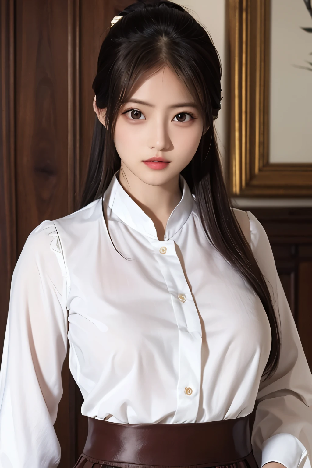 8K quality、Highest quality、Bust 75、Age 25、OL uniform pose、Full body portrait、His white shirt is open, exposing his chest.、Beautiful lips、Beautiful body、Sexy expression、Exactly Imada Mio、Brown Hair、ponytail、Are standing、Sexy pose、Dirndl Skirt