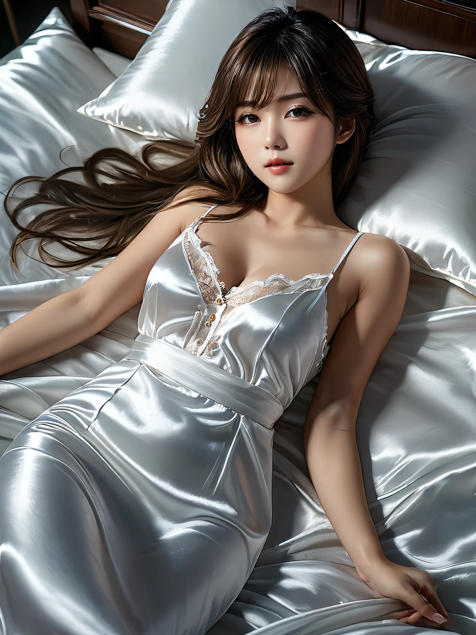 masterpiece, 1 woman per 1photo, full body shot, composition looking subject down from above, a Japanese young pretty woman, hyper pretty face, 18 years old, shoulder length hair, sleeping on a silk bed, opening mouth widely, wearing only a sleeveless silky satin white chemise with white laces, busty, wet body, glossy lips, glamorous figure, lying on her back and spreading legs on the silk bed, silk pillow, silk bed sheets, double eyelids in both eyes, natural makeup, long eyelashes, shiny smooth light brown hair, asymmetrical bangs, fair skin, central image, 8K resolution, high detail, detailed hairstyle, detailed face, spectacular cinematic lighting, octane rendering, vibrant, hyper realistic, perfect limbs, perfect anatomy