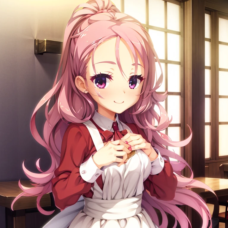 seductive, ((forehead to show)), attractive, sexy eyes, red coat, pink hair, delicate, young, long hair, detailed face, high definition, full body, maid, cute smile, cafe, hands behind back