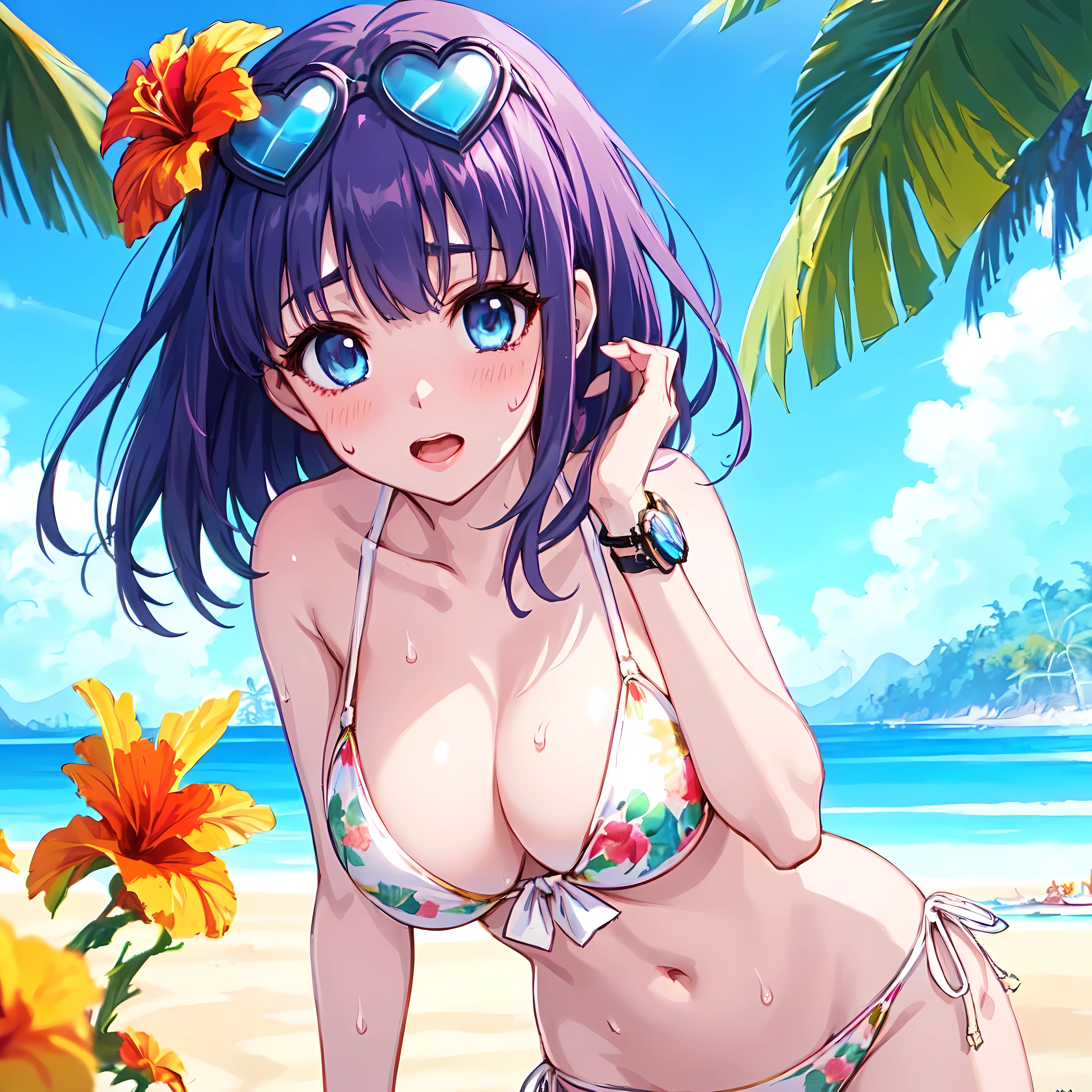 (((Highest quality)))、(((Perfect Anatomy)))、(((Beautiful posture)))、 ((A girl in a swimsuit covered in yellow mucus、Hibiscus on the left side of her hair for a voluptuous body、A worried face wearing heart-shaped sunglasses with rainbow-colored lenses on his forehead)))、(((Sweat on his cheeks and a frightened face)))(Light purple hair:1.8、Fluffy purple hair)))、(((Short Hair)))、 (((Big droopy eyes、 Light blue eyes with highlights)))、アニメ girl in bikini with fruit and sunglasses on her head, [ 4k yen digital art ]!!, アニメ moe artstyle, Official artwork, Realistic Bikini, アニメ style 4k yen, maAlso kitagawa fanart, Also, アニメ! 4K, アニメ! 4k yen, Naughty, seductive アニメ girl, (((A bikini with a white background and a floral motif, with few flowers))), clean detailed アニメ art, detailed digital アニメ art, 8K!!、Baby Face、Big Breasts、(((Tropical Beach、Blue sky)))、Black and white ribbon on wrist、solo、A giant yellow slime attacks a girl