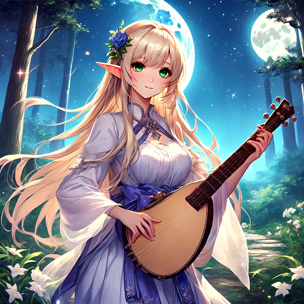 high quality、Anime girl playing bodhran in a forest with the moon and some flowers, Elven bard of the forest playing the lute, Elf Princess, Nightcore, Elf Girl, beautiful wood elf, everyone, Beautiful fantasy anime, Fantasy art style, Beautiful maiden, Elf Princess, Fantasy-style anime, Anime fantasy artwork, Shadowverse Style, Anime fantasy illustration, high qualityのアニメアートスタイル, Beautiful anime art