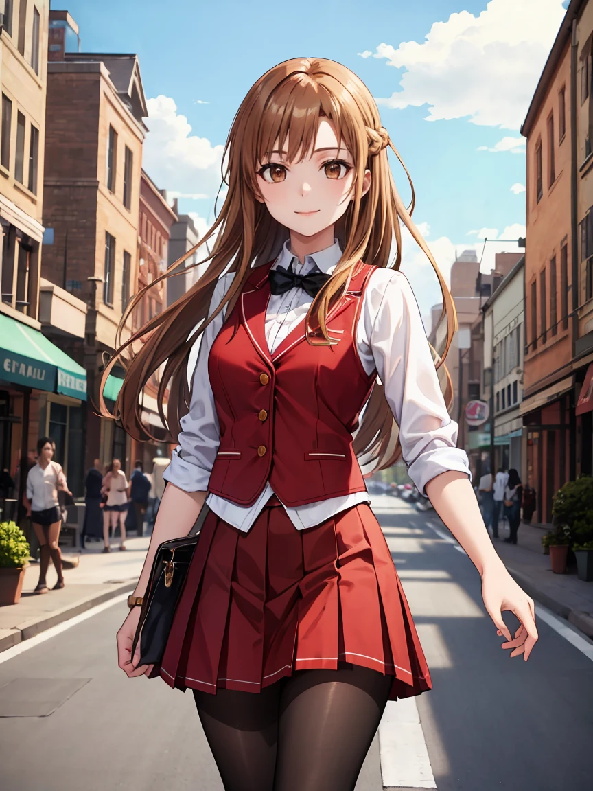 Tabletop, Highest quality, High resolution, Arsna, Long Hair, Brown Hair, Braiding, Brown eyes,White shirt,Red Skirt, Black Pantyhose,Cowboy Shot,Pleated skirt,Red vest,Close your mouth,A light smile, town,city,Fantasy,walking