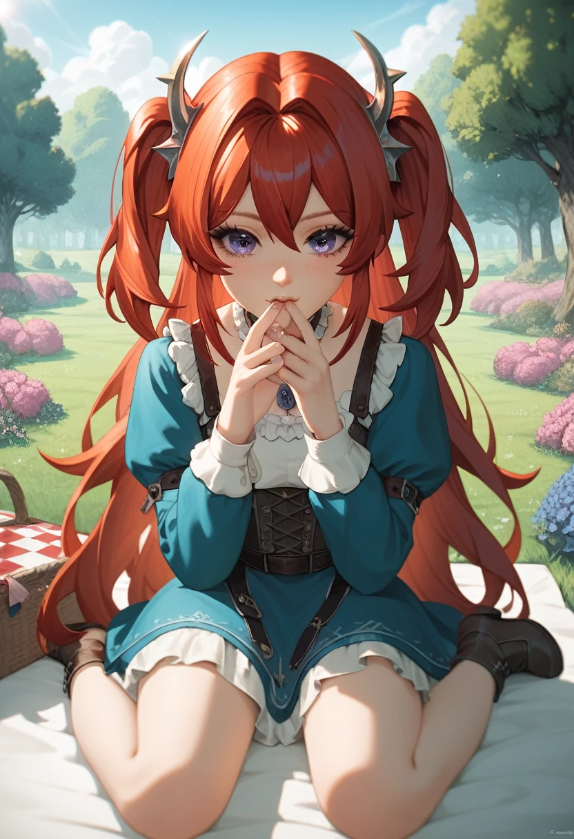 best quality, masterpiece, anime girl , young girl, 24 years old, thick legs , 1 girl, bangs,long hair, cute face, perfect shot, perfect anatomy, surtr, medieval, garden background, mountais, forest, full body,  4k, high resolution , detailed face, detailed eyes, close eyes,  sitting, picnic, panorama pov, first person view, kiss, kissing pov, inminent kiss