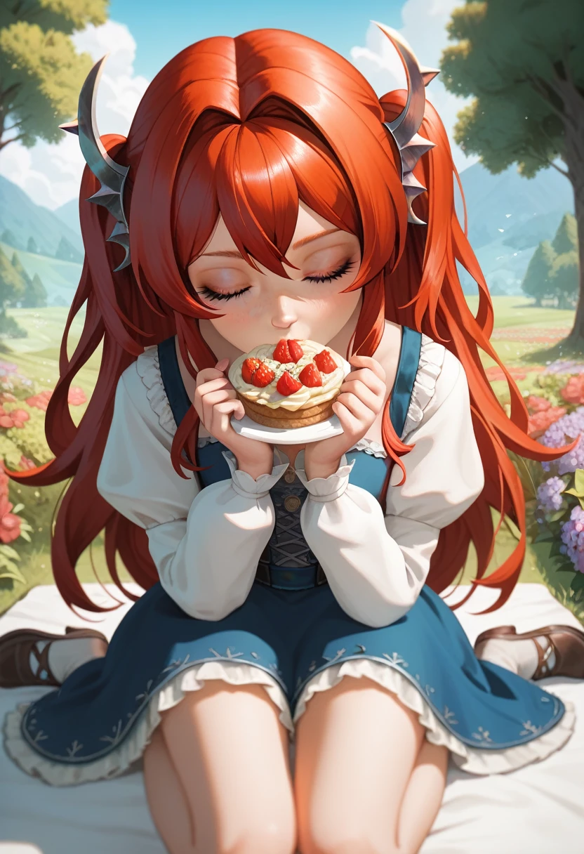 best quality, masterpiece, anime girl , young girl, 24 years old, thick legs , 1 girl, bangs,long hair, cute face, perfect shot, perfect anatomy, surtr, medieval, garden background, mountais, forest, full body,  4k, high resolution , detailed face, detailed eyes, close eyes,  sitting, picnic, panorama pov, first person view, kiss, kissing pov, inminent kiss