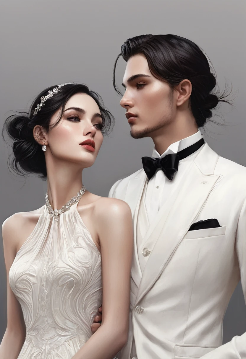 a man and a woman in formal wear, next to each other, Edmund Blair e Charlie Bowater, style of charlie bowater, charlie bowater and artgeem, in style of charlie bowater, charlie bowater art style, Charlie Bowater e Tom Bagshaw, digital art of an elegant, no art style by bowater, an elegant couple