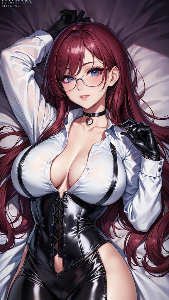 Masterpiece, Beautiful art, professional artist, 8k, art style by sciamano240, Very detailed face, Detailed clothing, detailed fabric, 1 girl, big breasts, lying on a bed, View from above, perfectly drawn body, pose sexy, beautiful face, long dark crimson hair, Blue eyes, very detailed eyes, pink cheeks, seductive expression, loving smile, glasses,  choker:1.6, (long sleeve white collar buttoned shirt), (shiny black corset), black gloves covering your hands, (shiny black leggings), Sensual Lips , winter night, show details in the eyes, looking at the viewer,