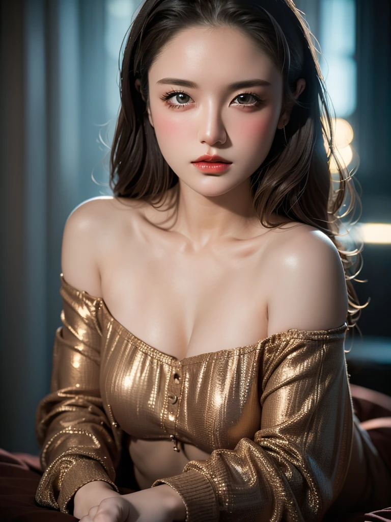 Highest quality, masterpiece, Ultra-high resolution, (Realistic:1.5), RAW Photos, 1 Girl, (Off the shoulder, In the Dark, Deep Shadow), secret key, Cold Light, Sexy Looks,  Small breasts