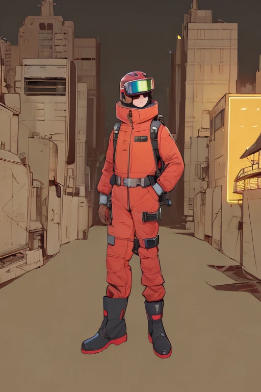 full body image, (ultra detailed,ultra high res,detailed background),((2D)),((flat color)),((muted color)), 1solo, looking at viewer, baggy red flight suit, large shearling collared bomber jacket, (big yellow galoshes), plush collar, full body image, wearing vr goggles, ((baron desert intricut background)), ((apocalyptic city)), entire body in frame, ((drone next to her))