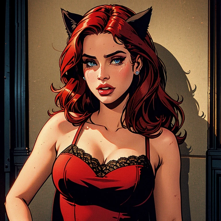 1girl, highly detailed, seductive, erotic, Lana Del Rey, lace cat ears, crying, busty, red hair, centered on face, face focused, intricate eyes, masterpiece, photorealistic, ultra-detailed, 8k, high quality, cinematic lighting, dramatic shadows, dramatic colors, cinematic atmosphere, cinematic composition