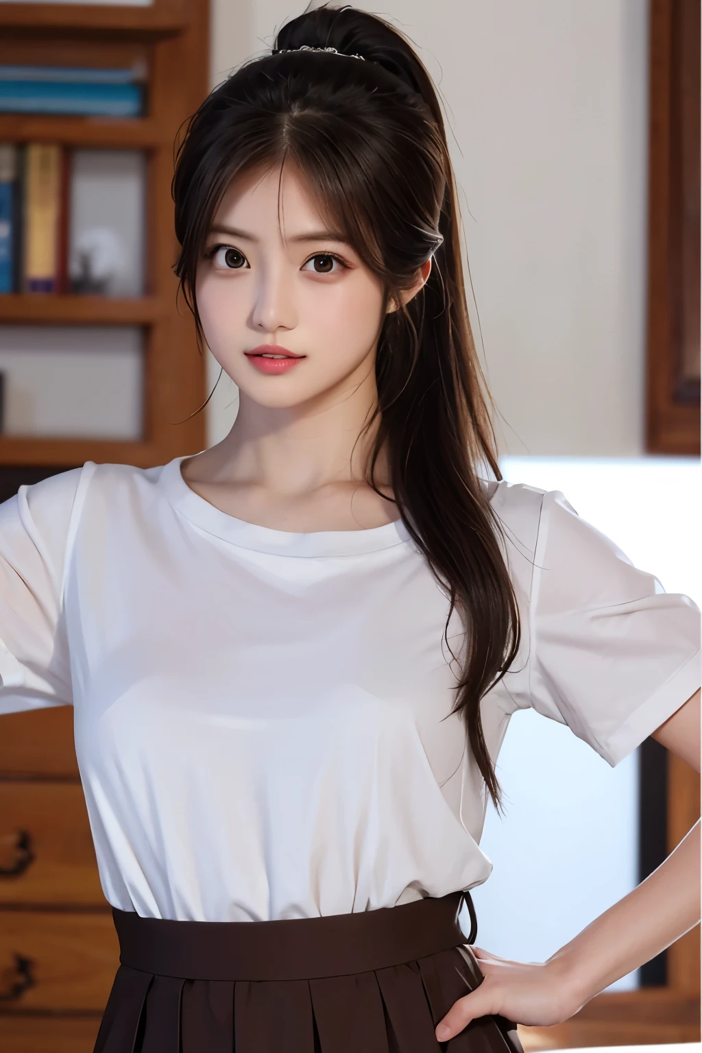 8K quality、Highest quality、Bust 75、Age 25、OL uniform pose、Full body portrait、His white shirt is open, exposing his chest.、Beautiful lips、Beautiful body、Sexy expression、Exactly Imada Mio、Brown Hair、ponytail、Are standing、Sexy pose、Dirndl Skirt