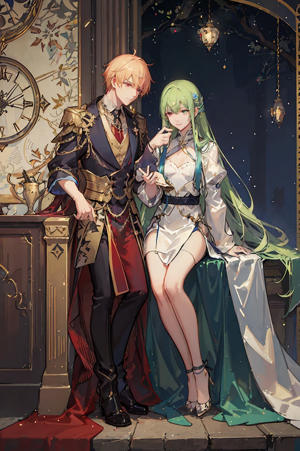 (absurdres, highres, ultra detailed, HDR) master piece, best quality, extremely detailed face, (Caster) Gilgamesh, blonde hair, expressive red eyes, Fate Grand Order, Enkidu, green hair, expressive blue eyes, two sexy men together, yaoi, gay couple, handsome, magical fantasy, glittering, sparkling, blue roses, radiant, blue sparkling fireflies, blue fire, envy magical, city, snowflakes, ice