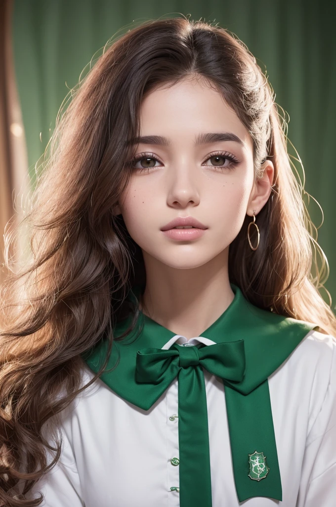 ((best qualityer)), ((HQ drawing),
create for me one with Brazilian features, white, long dark curly hair, with almond eyes, medium nose, medium pink lips, a mole in the middle of the right cheek, wearing the Slytherin uniform in Hogwarts