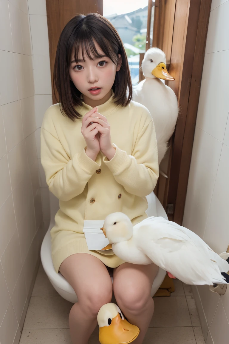 Highest quality, Intricate details,
One girl, (White duck, Yellow bill:1.5)
POV Entrance, indoor, Outdoor, (Caught, Sitting on the toilet, Bottomless, Blushing, surprised, View your viewers:1.3), Open your mouth,