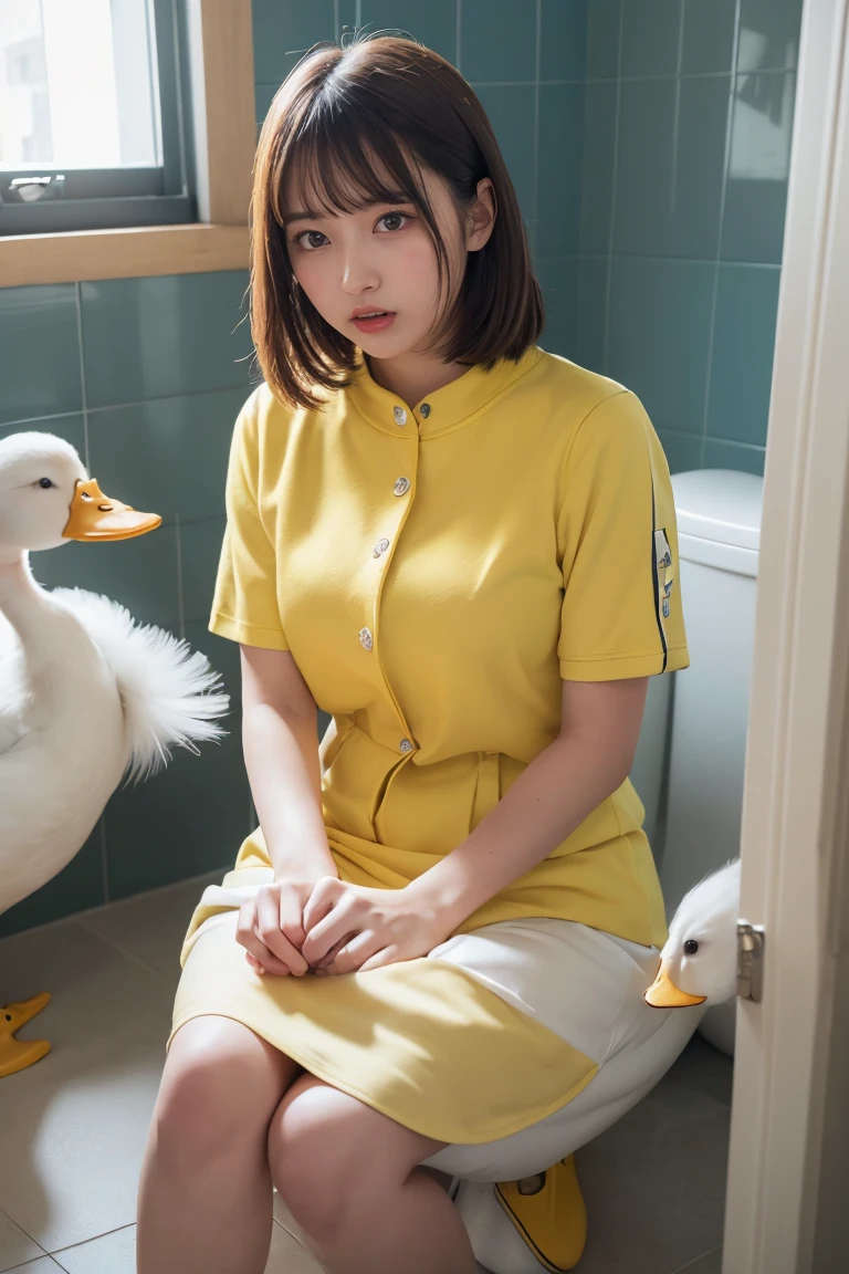 Highest quality, Intricate details,
One girl, (White duck, Yellow bill:1.5)
POV Entrance, indoor, Outdoor, (Caught, Sitting on the toilet, Bottomless, Blushing, surprised, View your viewers:1.3), Open your mouth,