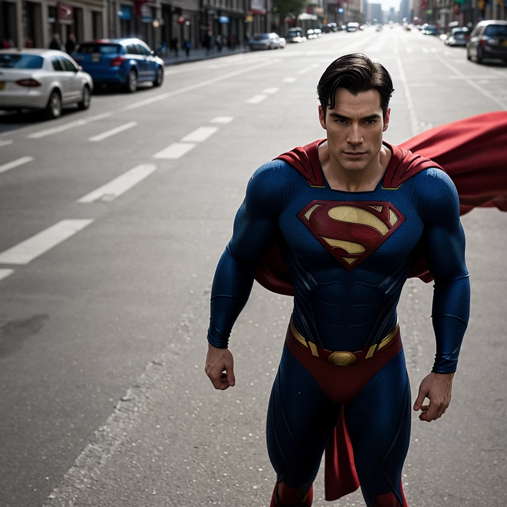 cinematic shot, realistic superman with detailed dark blue hard padded sci fi suit with line texture and red cape, shadows, specular, sunny day in the city streets, traffic, 4k high resolution