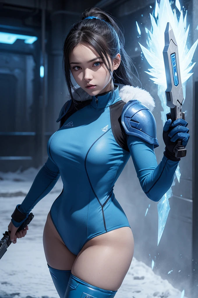 A female character who wears blue clothing that releases ice powers and has a weapon in the game Blood Strike