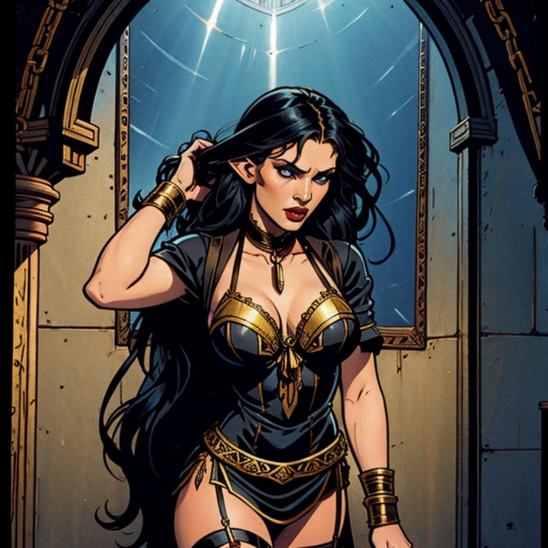 A beautiful female elf, long black hair, pointed ears, chained in dramatic dungeon, mournful expression, detailed facial features, short tunic with ruffles and ribbon, revealing cleavage and figure, rhombus stripes accentuate form, hands and neck bound by intricate chains, cinematic natural lighting, inspired by Alphonse Mucha art