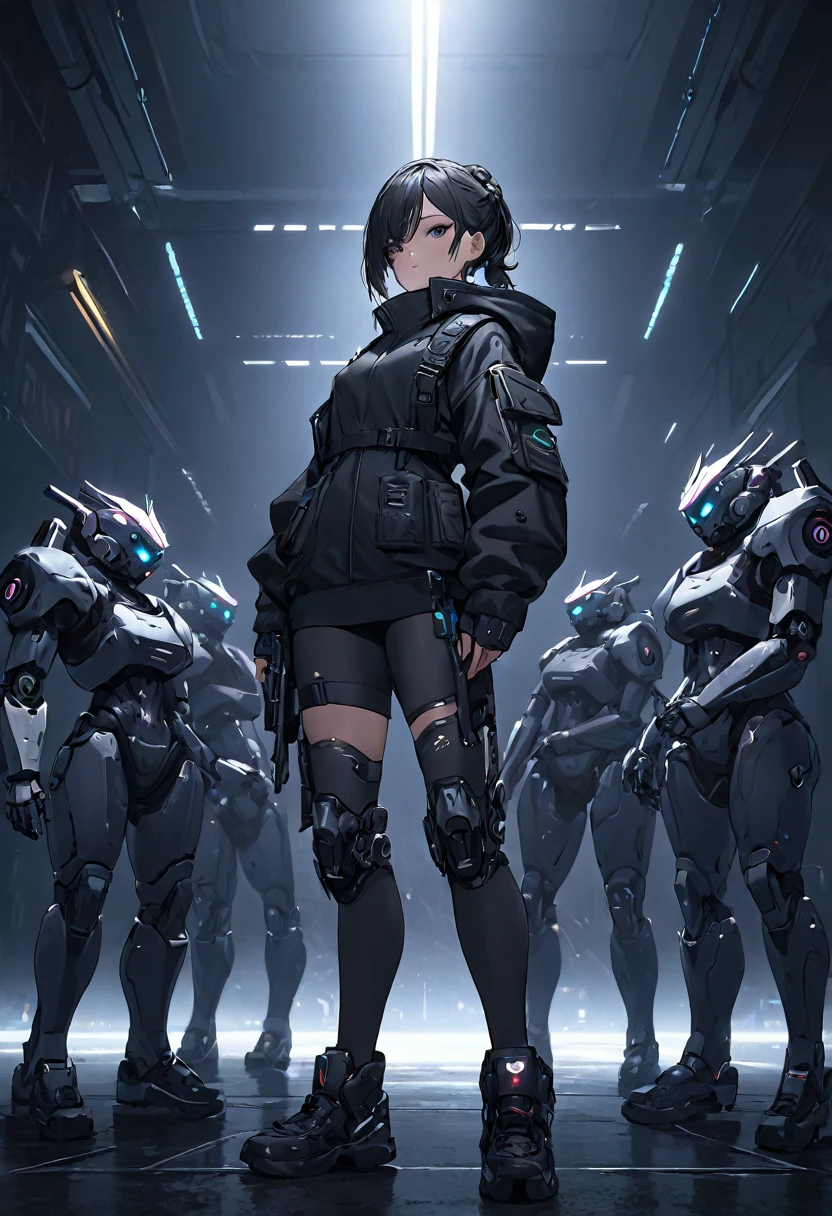 Techwear, girl, cyberpunk, weapon, dark background , ready to fight , fight pose , surronded by many robot 