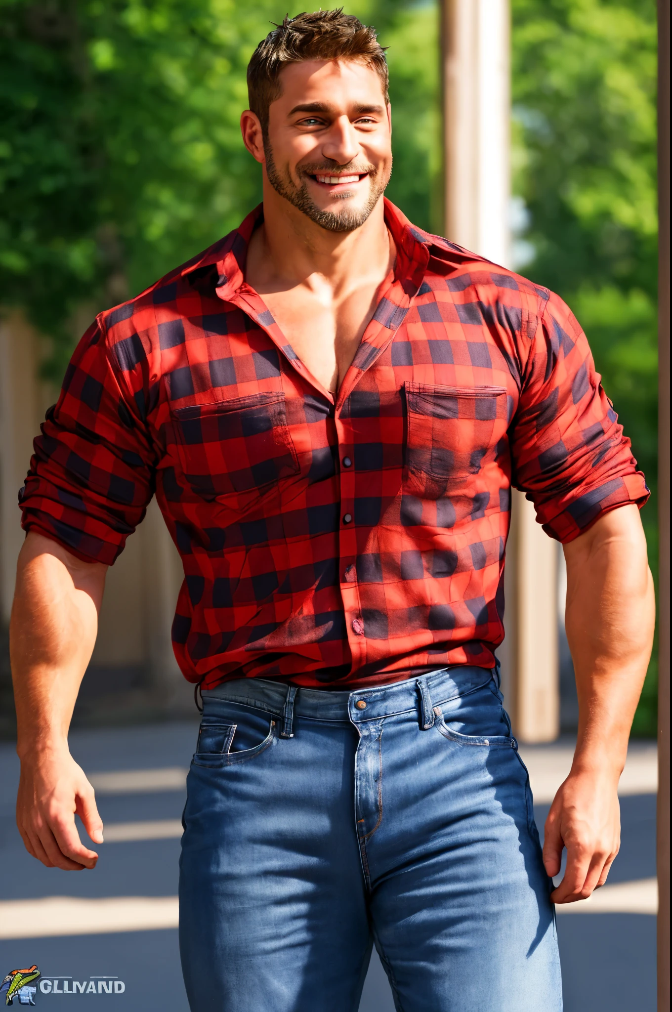 wild muscle man, (40 year old daddy:1.1), 1 chico, Alone, (wearing a red plaid shirt outside), (gray t-shirt inside), (big shoulders), musculature, stubble, short beard, pretty eyes:1.3, ), (detailed face:1.3), smiles, Dynamic Angle, volumetric lighting, (Best Quality, A high resolution, photorealistic), cinematic lighting, Masterpiece, raw photo, intricate details, HDR, whole body, Big muscular body, Big Bubble butt, jeans frontal view