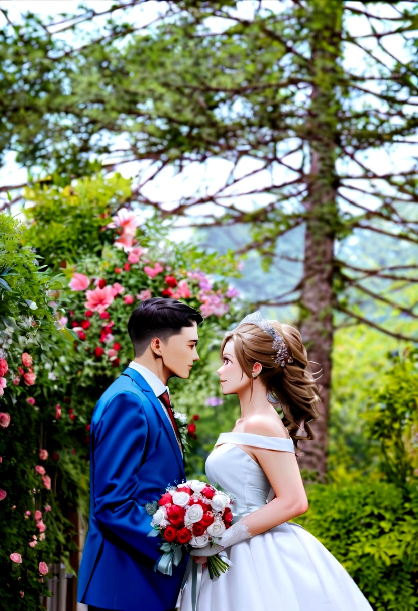 work of art, 1 girl, 1 young boy, don, two people, marriage don, necktie, Couple, ssmile, strapless don, eyes locked,eyes browns, pants, strapless, veil, flowers, long blonde hair, containment, jewerly, mitts, chemise, necklase, bouquet, white pants, containment bouquet, white don, white chemise, sem mitts, white jacket, red necktie, bridal veil, White background, marriage, husband and wife, long sleeves, long don, red flowers, shorth hair, standing, capa do romance, homem sem mitts, mulher sem mitts.