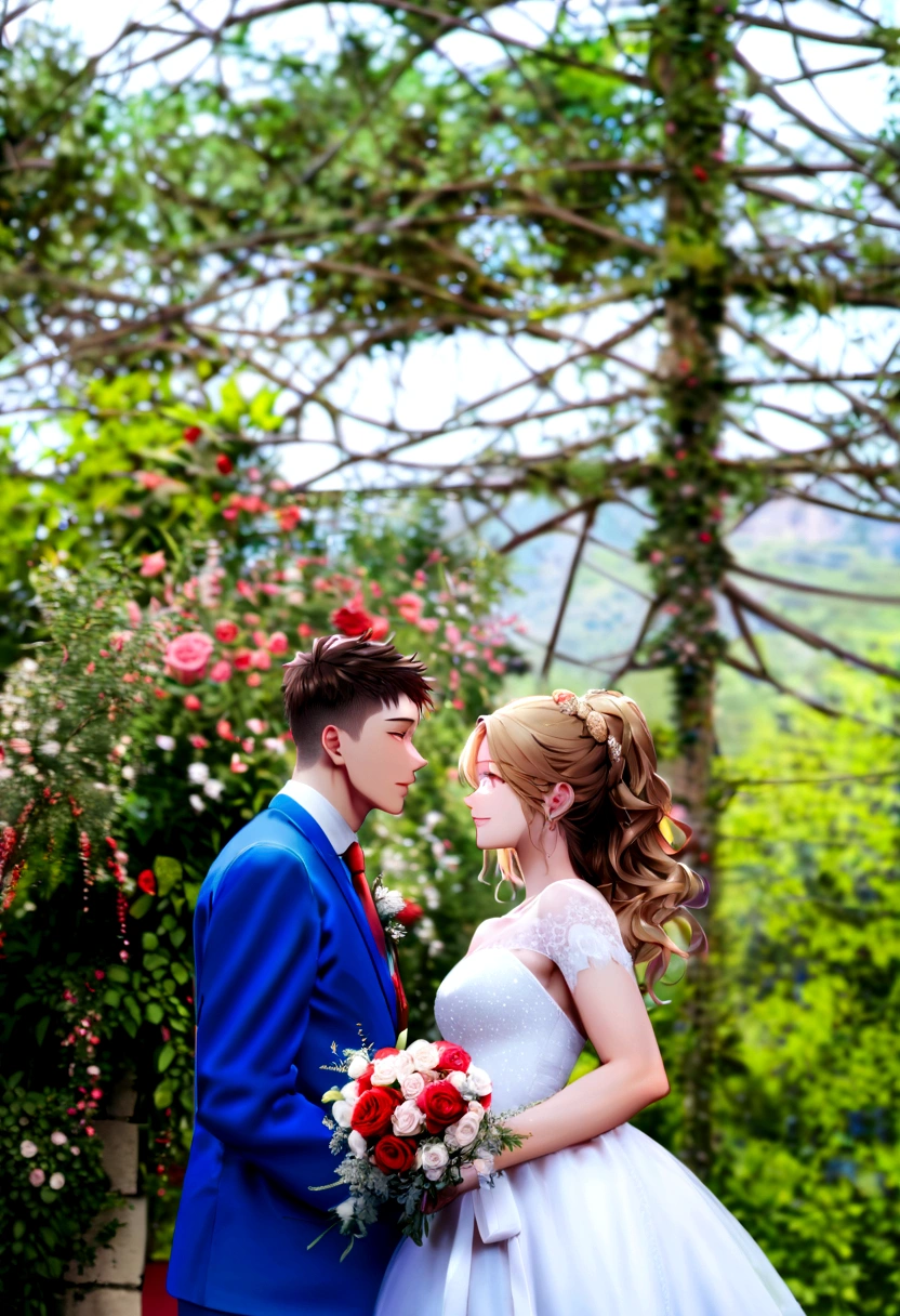 work of art, 1 girl, 1 young boy, don, two people, marriage don, necktie, Couple, ssmile, strapless don, eyes locked,eyes browns, pants, strapless, veil, flowers, long blonde hair, containment, jewerly, mitts, chemise, necklase, bouquet, white pants, containment bouquet, white don, white chemise, sem mitts, white jacket, red necktie, bridal veil, White background, marriage, husband and wife, long sleeves, long don, red flowers, shorth hair, standing, capa do romance, homem sem mitts, mulher sem mitts.