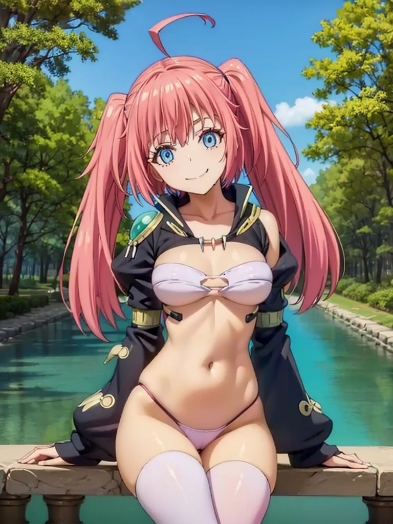 1girl, solo, beautiful girl, brunette skin, blue eyes, big eyes, detailed eyes, long eyelashes, pink hair, long hair, sidelocks, twintails, head tilt, fang, medium breasts, black bikini, string bikini, bikini bottom only, white crop top, asymmetrical legwear, ahoge, clothing cutout, cowboy shot, juliet sleeves, long sleeves, puffy sleeves, pink legwear, revealing clothes, shoulder cutout, pink thighhigh, no pants, skindentation, smile, looking at viewer, narrow waist, perfect hands, perfect anatomy, cleavage, midriff, navel, covered nipples, outdoors, sitting, leaning against a tree,