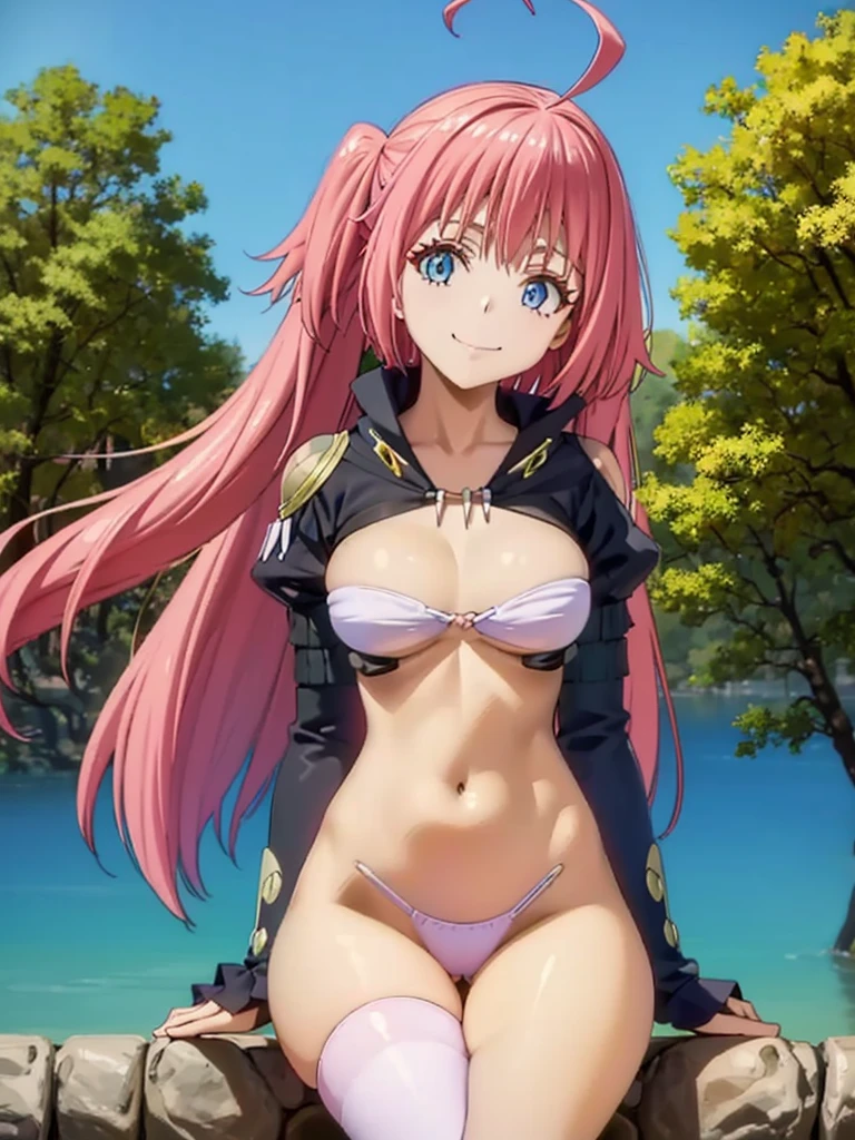 1girl, solo, beautiful girl, brunette skin, blue eyes, big eyes, detailed eyes, long eyelashes, pink hair, long hair, sidelocks, twintails, head tilt, fang, medium breasts, black bikini, string bikini, bikini bottom only, white crop top, asymmetrical legwear, ahoge, clothing cutout, cowboy shot, juliet sleeves, long sleeves, puffy sleeves, pink legwear, revealing clothes, shoulder cutout, pink thighhigh, no pants, skindentation, smile, looking at viewer, narrow waist, perfect hands, perfect anatomy, cleavage, midriff, navel, covered nipples, outdoors, sitting, leaning against a tree,