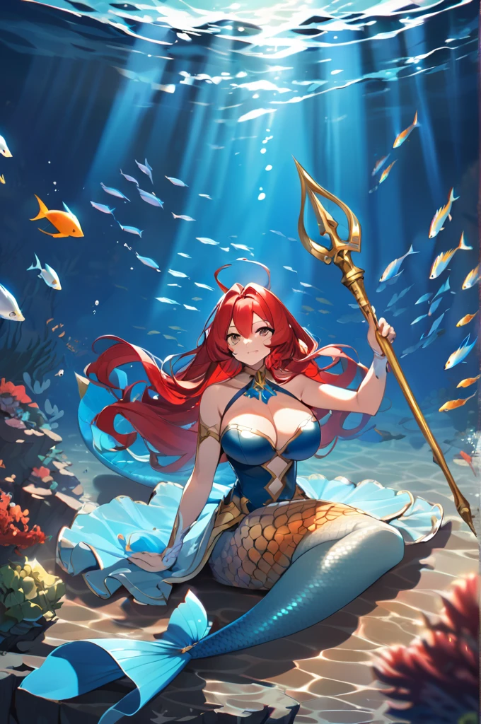 Mermaid woman, big breasts, defined, long red hair,Dressed in little clothing, holding a golden trident, ocean bottom with several fish,