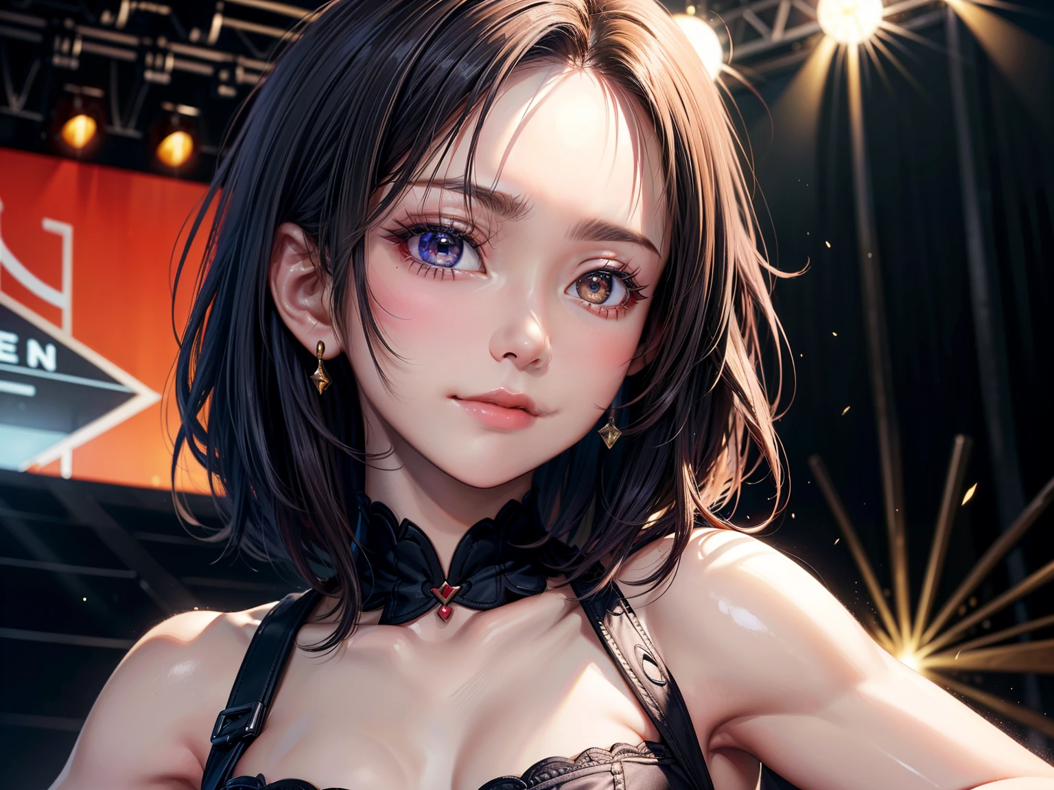((Best of the highest quality, 8k, Masterpiece, raw photo: 1.1)), (Sharp focus: 1.1), (1 AESPA, slim body type female, 22 y/o: 1.1), solo, Portrait Waist Up, (realistic, photo-realistic:1.37), face focus, cute face, finely eyes, (short bob hair, forehead: 1.2), (sharp chin, droopy eyes: 1.32), (Emphasize prominent aegyo-sal with bright: 1.28), shimmering eyeshadow applied under the lower lash line, paired with thick, (small breasts, flat chest: 1.2), alternative outfit, walking on stage, microphone, flower,