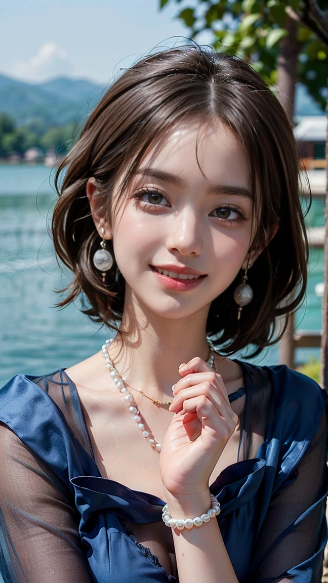 (Masterpiece, BestQuality:1.3), (ultra detailed:1.2), (hyperrealistic:1.3), (RAW photo:1.2),High detail RAW color photo, professional photograph, (Photorealistic:1.4), (realistic:1.4), ,professional lighting, (japanese), beautiful face, (realistic face), cute woman, (Brown Hair, Big Tits:1.2), (cheerful Smile:1.5), Trending Hair&Trending Hairカラーをランダムに, earrings, necklace, bracelet, sexly, erotic sexly, Random sexy gravure poses, (An attractive beautiful woman in a blue silk dress stands with a dazzling smile against the backdrop of a lake。Wear pearl earrings、She is posing with her hands elegantly in her hair.。:1.3)