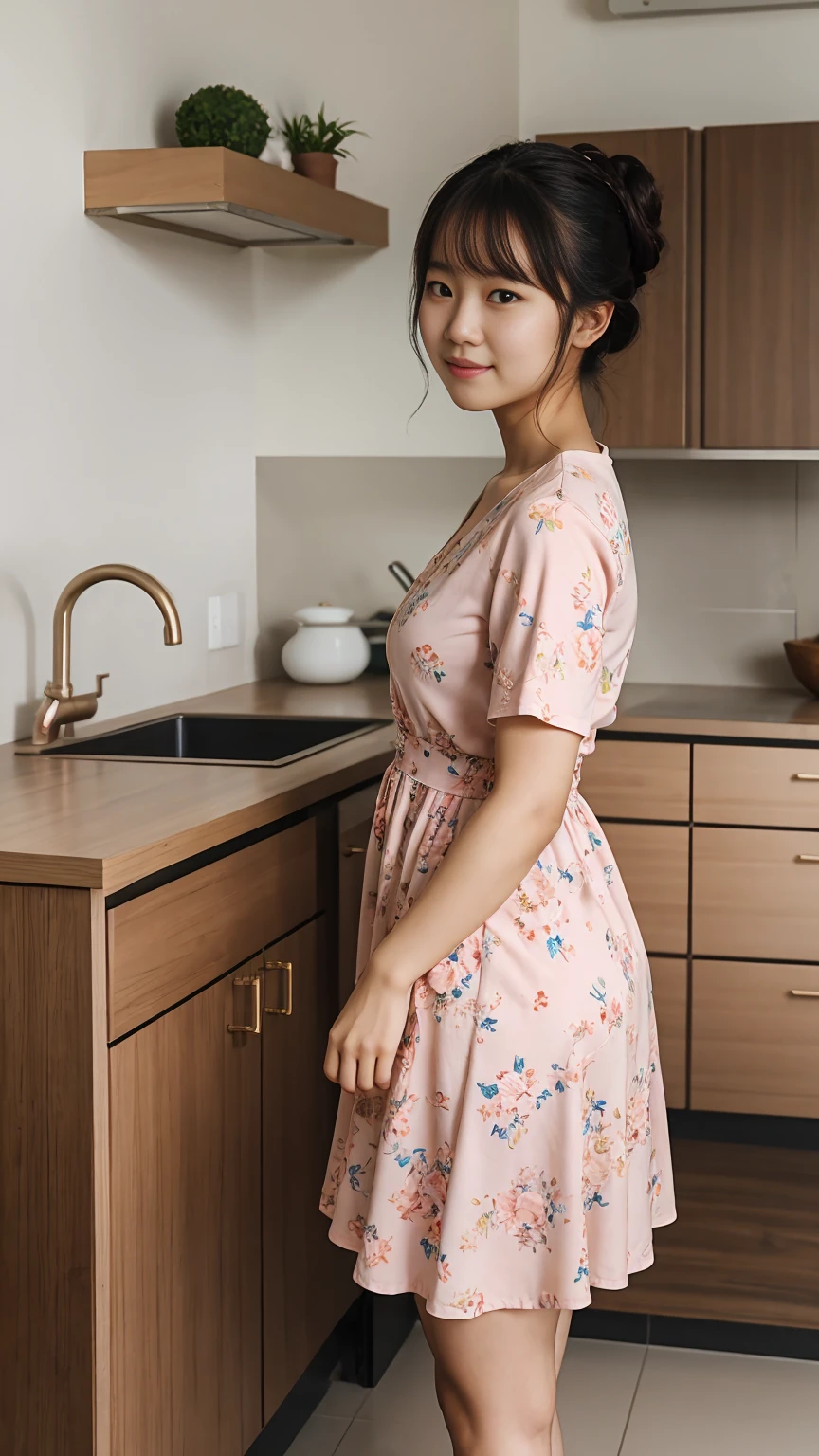 Full body image, wide shot, a young Korean woman in a pink floral dress, sandals,standing in kitchen, messy hair bun, face straight to viewer, shy pose, serene expression, cute face, detailed face, detailed clothing, detailed background, natural lighting, warm colors, beautiful scenery, intricate details, highly detailed, photorealistic, 8k, ((masterpiece)), cinematic style, portrait