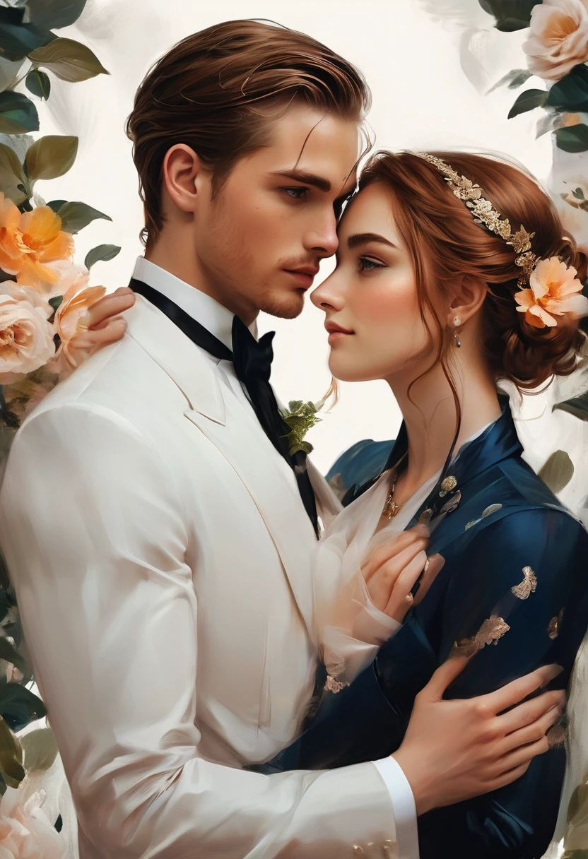 a man and a woman in formal wear, next to each other, Edmund Blair e Charlie Bowater, style of charlie bowater, charlie bowater and artgeem, in style of charlie bowater, charlie bowater art style, Charlie Bowater e Tom Bagshaw, digital art of an elegant, no art style by bowater, an elegant couple