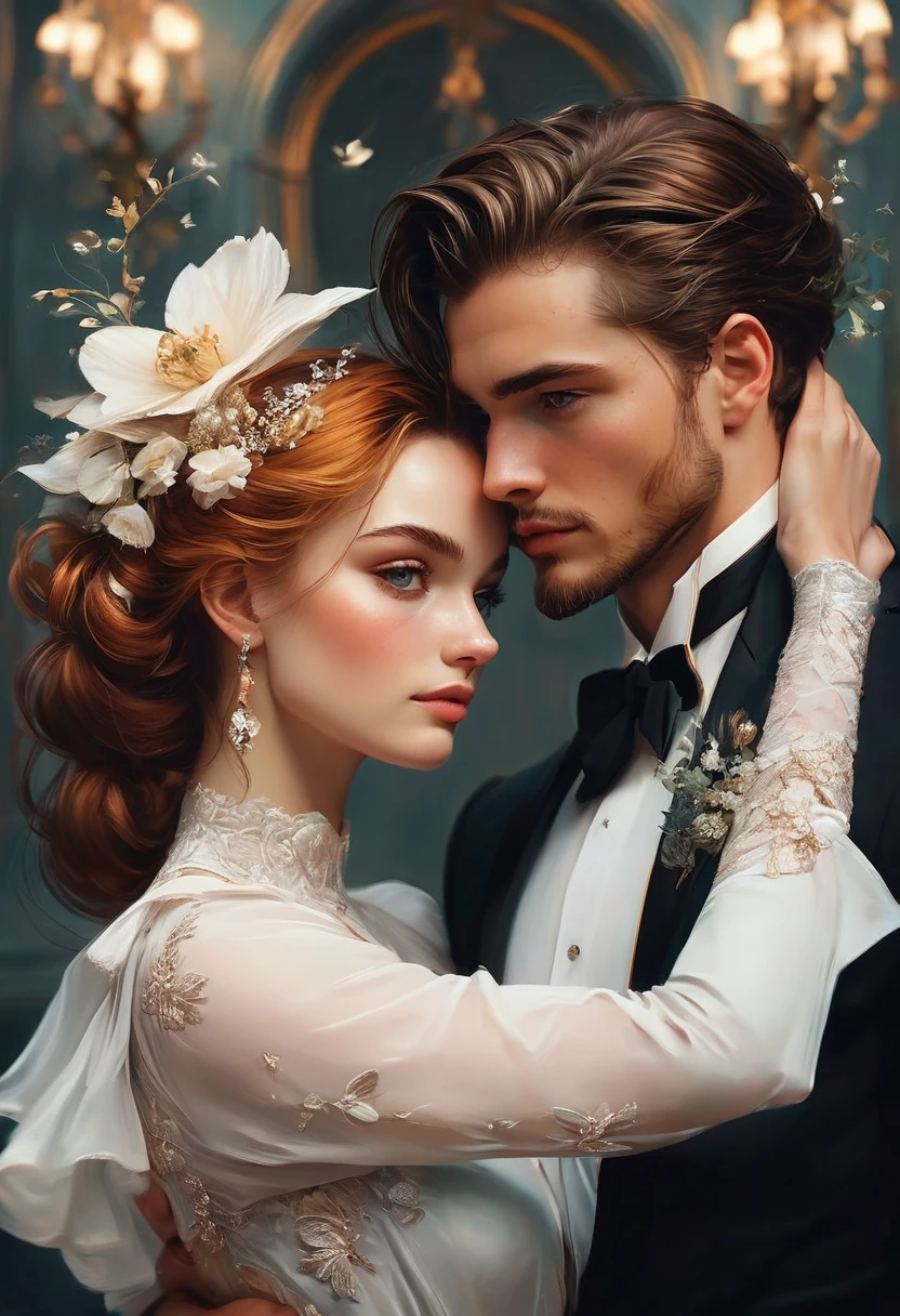a man and a woman in formal wear, next to each other, Edmund Blair e Charlie Bowater, style of charlie bowater, charlie bowater and artgeem, in style of charlie bowater, charlie bowater art style, Charlie Bowater e Tom Bagshaw, digital art of an elegant, no art style by bowater, an elegant couple
