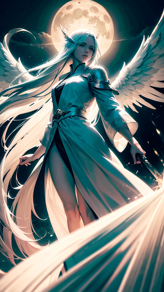 a magnificent angel with long white hair, bright wings, and a pure white robe, slicing the moon in half with a divine blade, dramatic lighting, cinematic, highly detailed, 8k, hyperrealistic, chiaroscuro, dramatic shadows, dramatic composition, dramatic lighting, dramatic atmosphere, moody, epic, fantasy, mystical, magical
