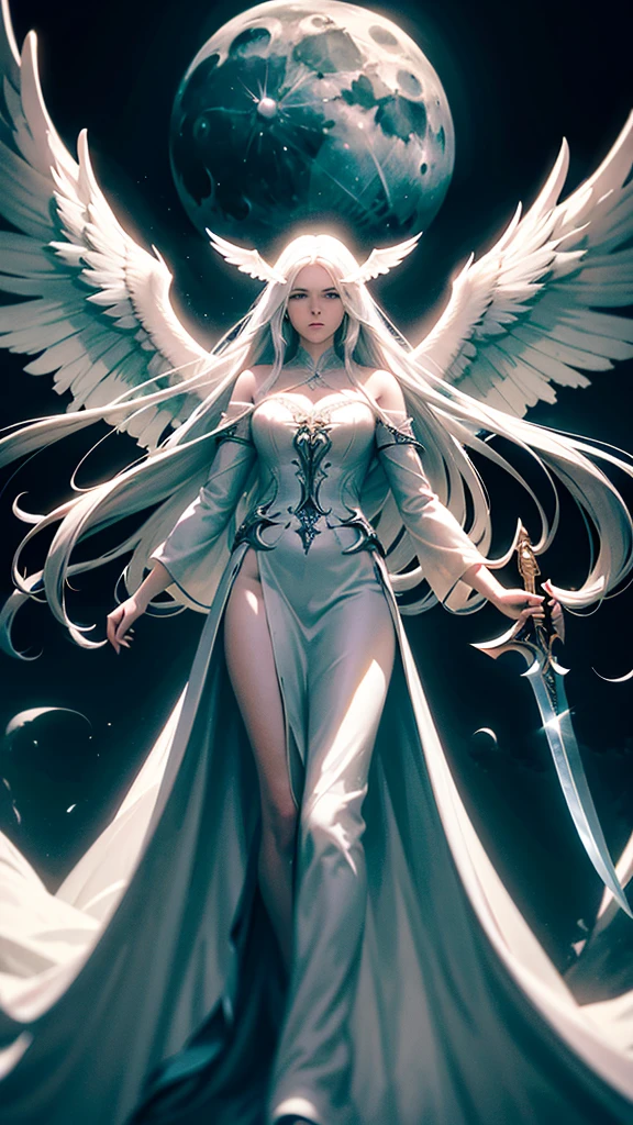a magnificent angel with long white hair, bright wings, and a pure white robe, slicing the moon in half with a divine blade, dramatic lighting, cinematic, highly detailed, 8k, hyperrealistic, chiaroscuro, dramatic shadows, dramatic composition, dramatic lighting, dramatic atmosphere, moody, epic, fantasy, mystical, magical