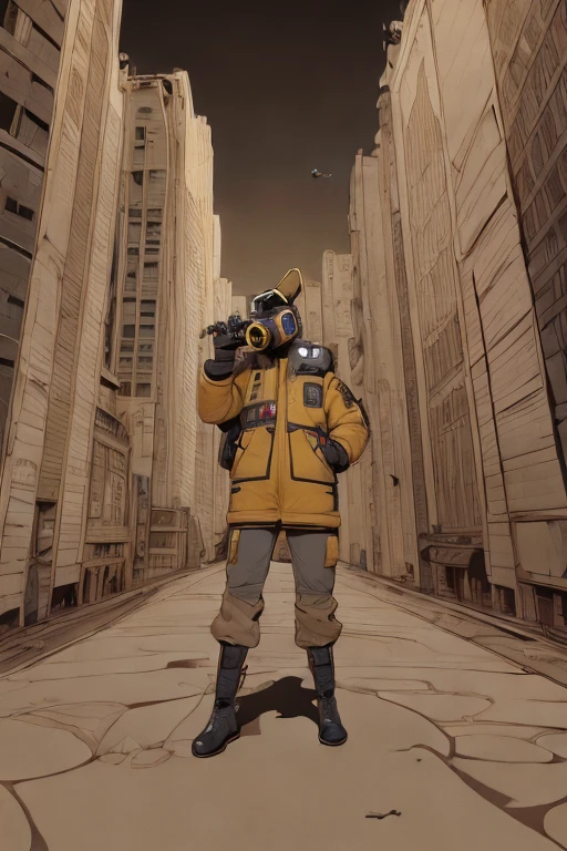 full body image, (ultra detailed,ultra high res,detailed background),((2D)),((flat color)),((muted color)), 1solo, looking at viewer, baggy geometric patterned flight suit, large shearling collared bomber jacket, (big yellow galoshes), plush collar, full body image, wearing vr goggles, ((baron desert intricut background)), ((apocalyptic city)), entire body in frame, ((drone next to her))